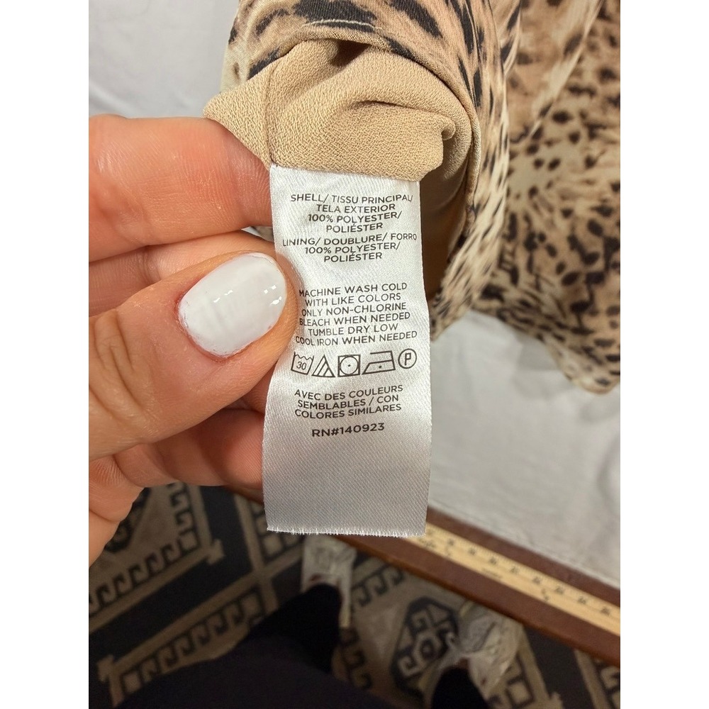 LOFT Animal Print Dress Women MP Brown Excellent Drawstring Waist Puff Sleeve - Picture 6 of 7